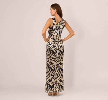 Foil Printed Asymmetric Gown With Ruffled Detail - Navy Gold | Adrianna Papell