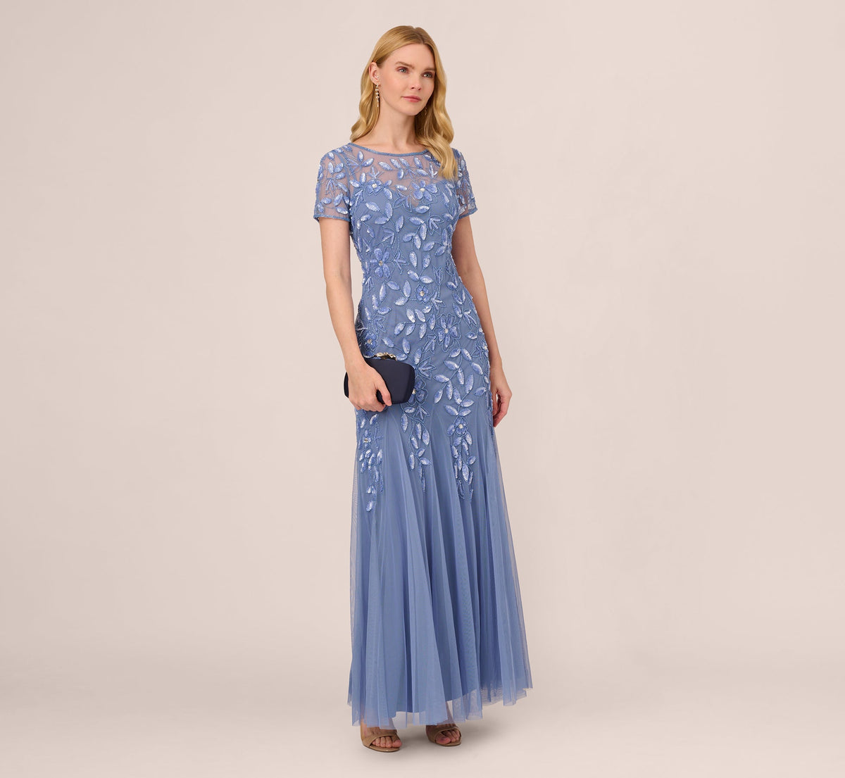 Hand Beaded Short Sleeve Floral Godet Gown - French Blue | Adrianna Papell