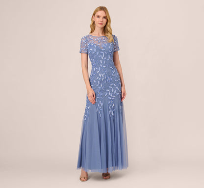 Hand Beaded Short Sleeve Floral Godet Gown - French Blue | Adrianna Papell