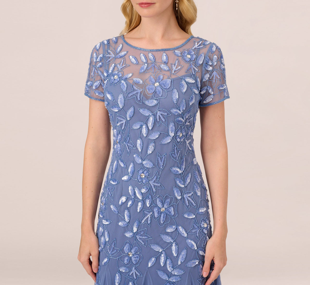 Hand Beaded Short Sleeve Floral Godet Gown - French Blue | Adrianna Papell