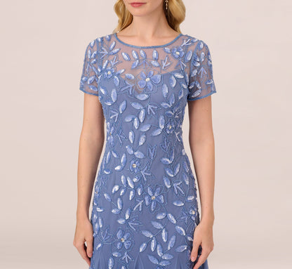 Hand Beaded Short Sleeve Floral Godet Gown - French Blue | Adrianna Papell