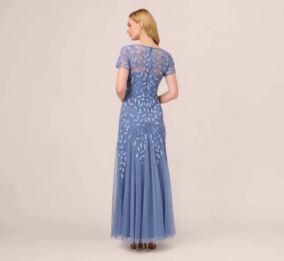 Hand Beaded Short Sleeve Floral Godet Gown - French Blue | Adrianna Papell