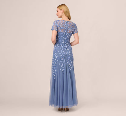 Hand Beaded Short Sleeve Floral Godet Gown - French Blue | Adrianna Papell