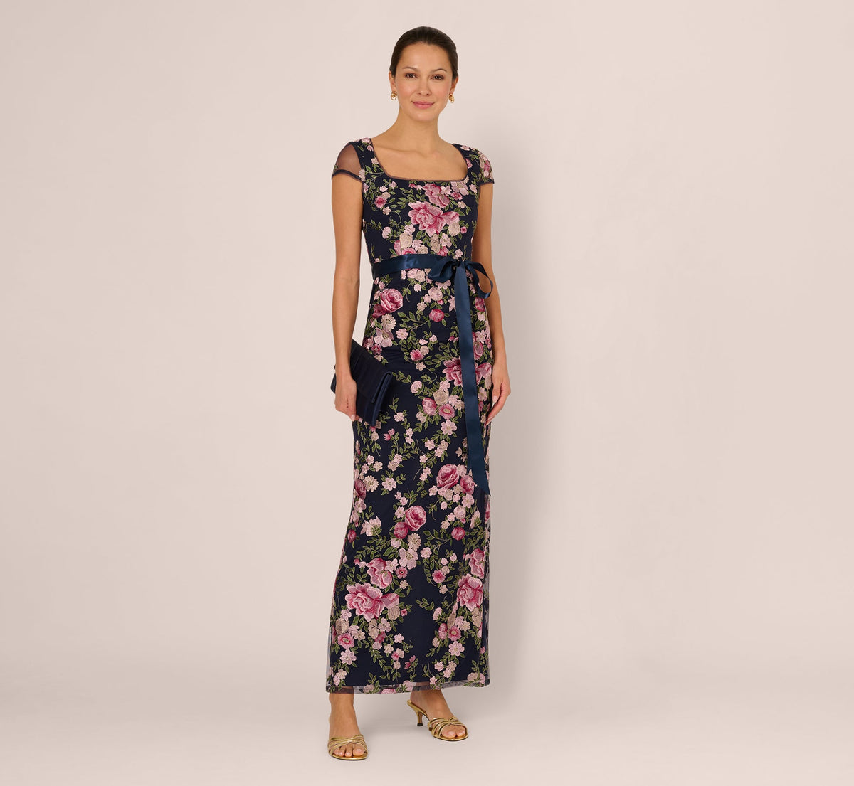 Embroidered Floral Cap Sleeve Column Gown - Navy Blush | Adrianna Papell