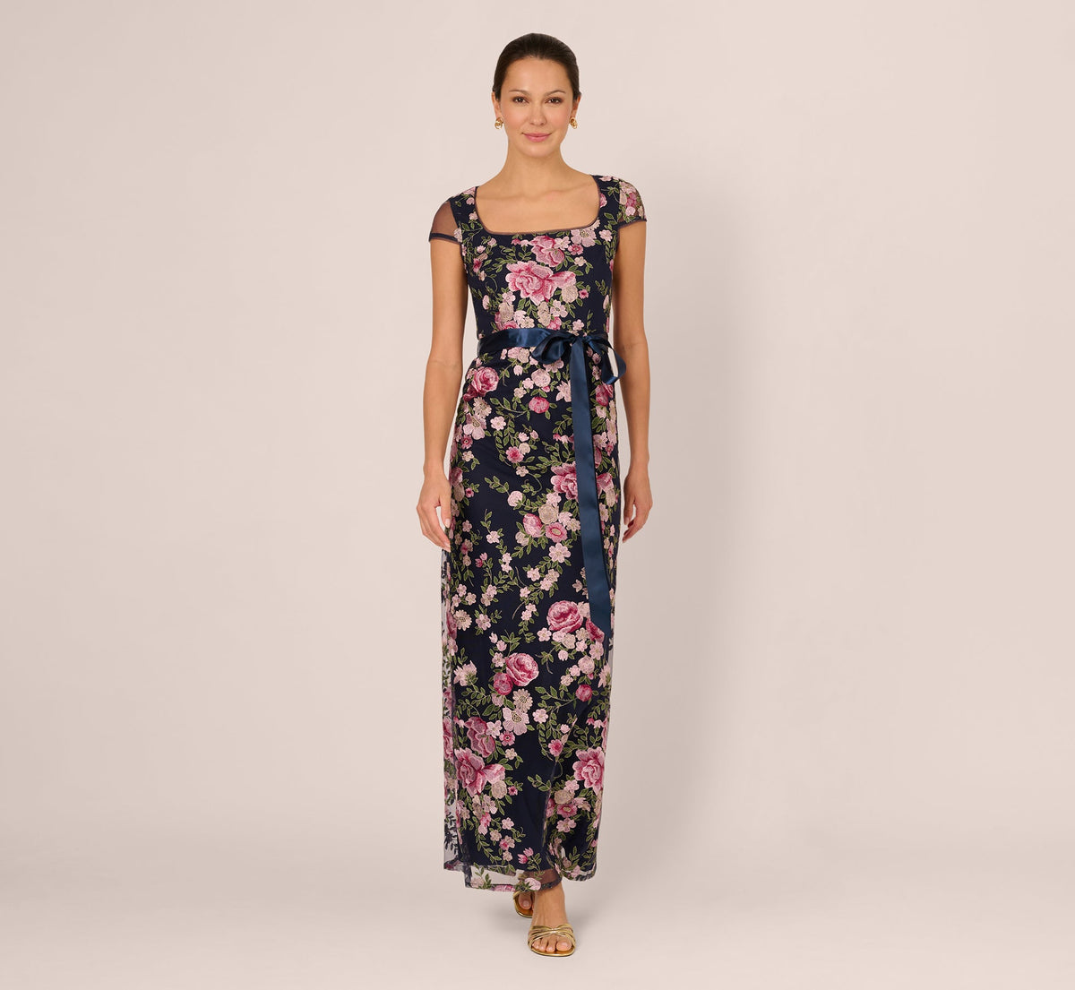Embroidered Floral Cap Sleeve Column Gown - Navy Blush | Adrianna Papell