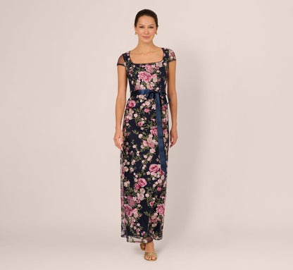 Embroidered Floral Cap Sleeve Column Gown - Navy Blush | Adrianna Papell