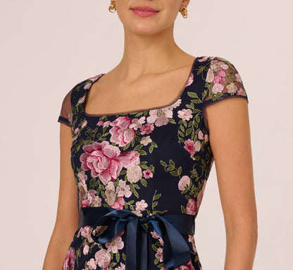 Embroidered Floral Cap Sleeve Column Gown - Navy Blush | Adrianna Papell