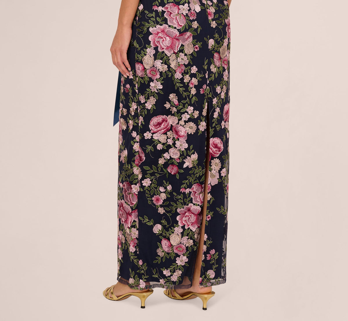 Embroidered Floral Cap Sleeve Column Gown - Navy Blush | Adrianna Papell