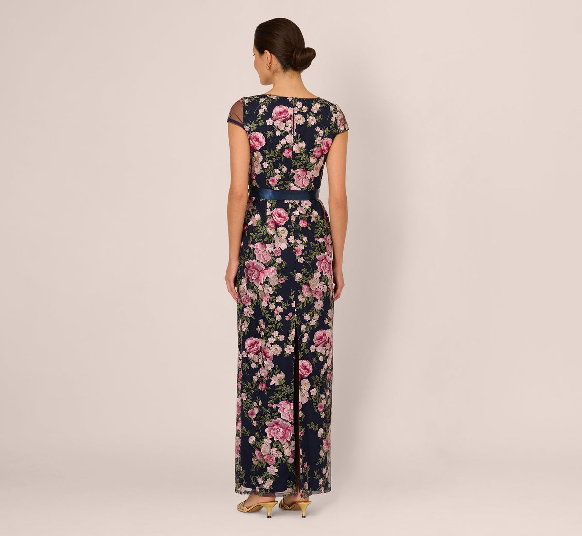 Embroidered Floral Cap Sleeve Column Gown - Navy Blush | Adrianna Papell