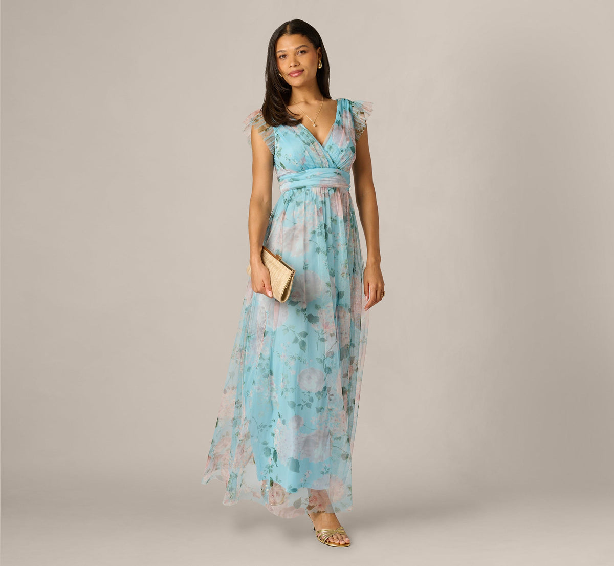 Flutter Sleeve Floral Tulle Maxi Dress - Blue Multi | Adrianna Papell