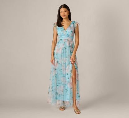 Flutter Sleeve Floral Tulle Maxi Dress - Blue Multi | Adrianna Papell