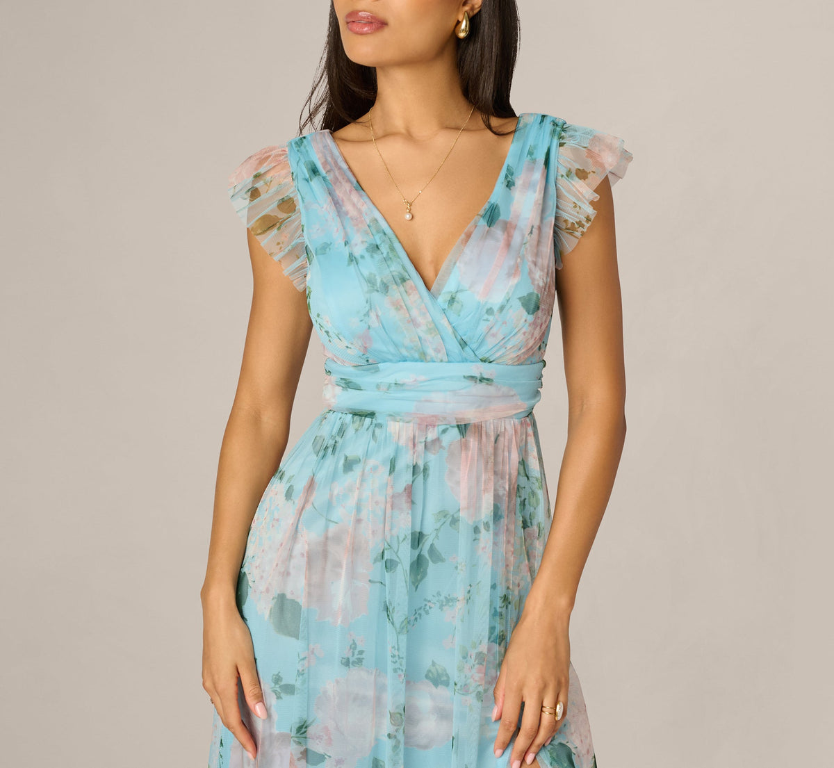 Flutter Sleeve Floral Tulle Maxi Dress - Blue Multi | Adrianna Papell