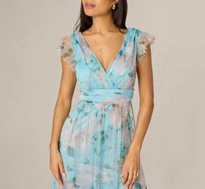 Flutter Sleeve Floral Tulle Maxi Dress - Blue Multi | Adrianna Papell