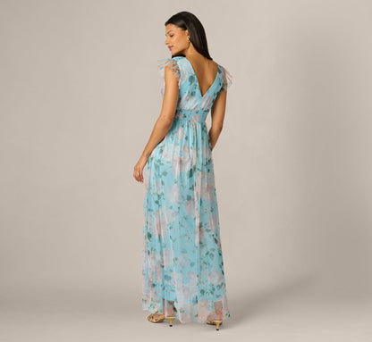 Flutter Sleeve Floral Tulle Maxi Dress - Blue Multi | Adrianna Papell