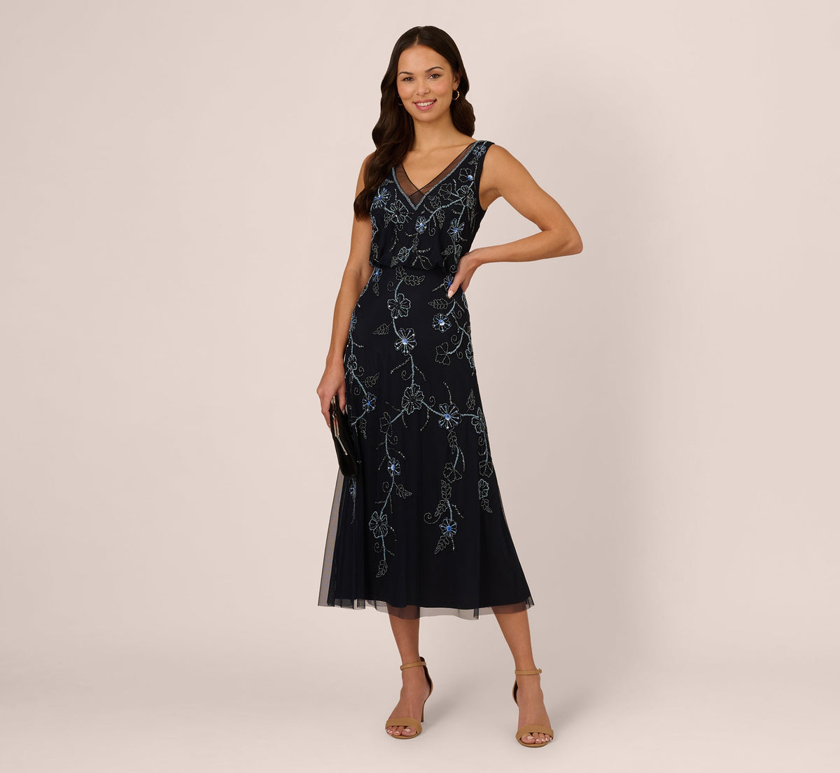Sleeveless Beaded Blouson Midi Dress - Midnight Multi | Adrianna Papell