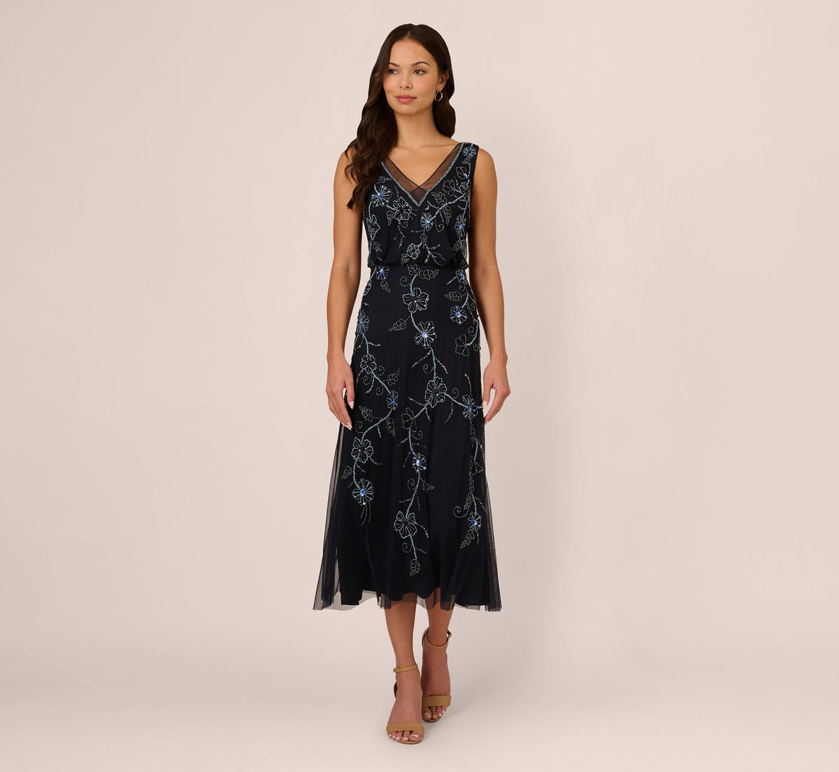 Sleeveless Beaded Blouson Midi Dress - Midnight Multi | Adrianna Papell