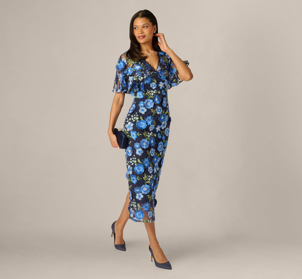 Cape Sleeve Floral Embroidered Midi Dress - Blue Multi | Adrianna Papell