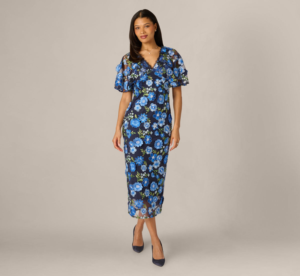 Cape Sleeve Floral Embroidered Midi Dress - Blue Multi | Adrianna Papell