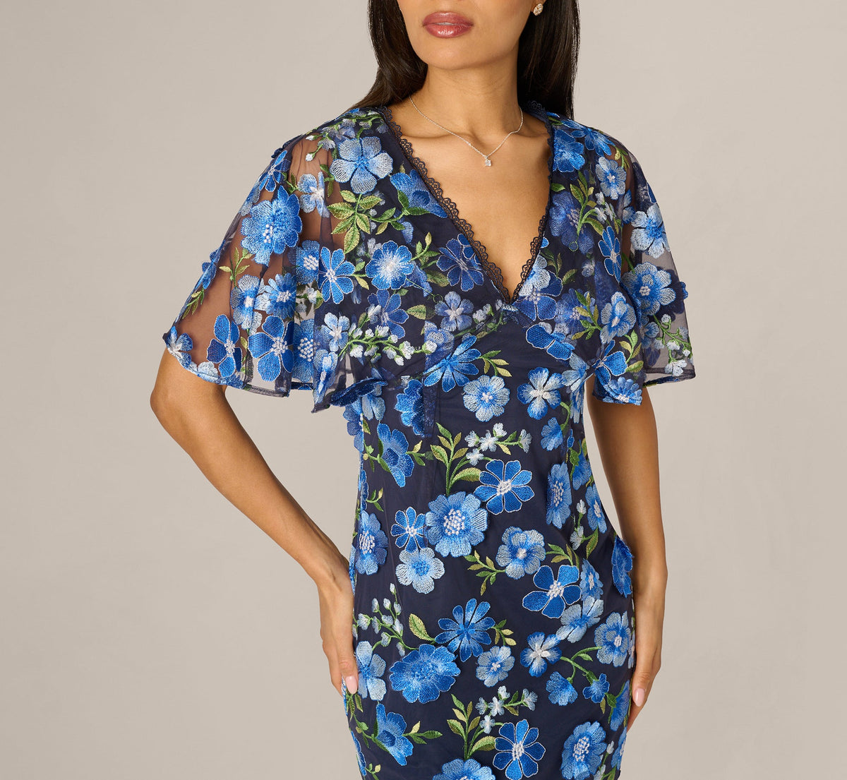 Cape Sleeve Floral Embroidered Midi Dress - Blue Multi | Adrianna Papell