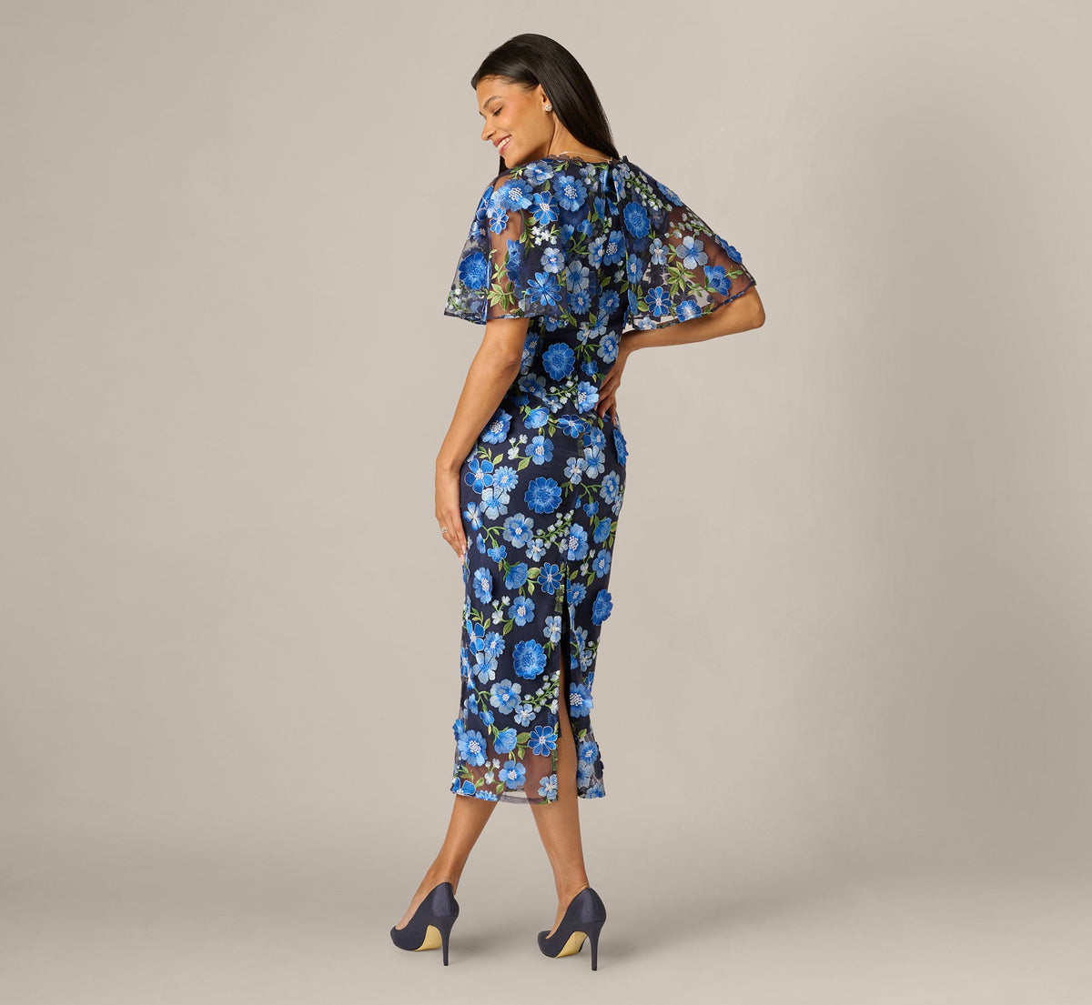 Cape Sleeve Floral Embroidered Midi Dress - Blue Multi | Adrianna Papell