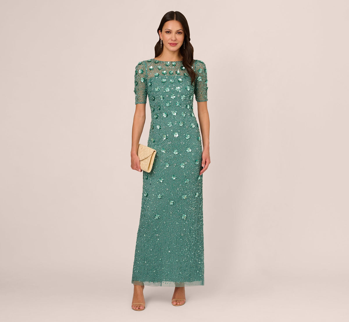 Long Hand Beaded 3D Floral Dress With Elbow Sleeves - Green Slate | Adrianna Papell