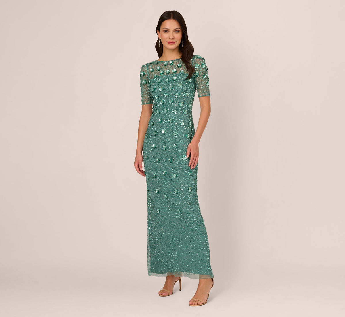 Long Hand Beaded 3D Floral Dress With Elbow Sleeves - Green Slate | Adrianna Papell