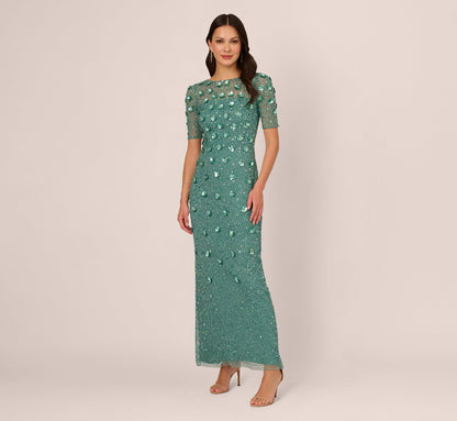Long Hand Beaded 3D Floral Dress With Elbow Sleeves - Green Slate | Adrianna Papell