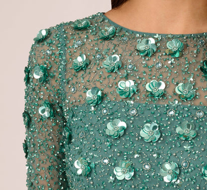 Long Hand Beaded 3D Floral Dress With Elbow Sleeves - Green Slate | Adrianna Papell
