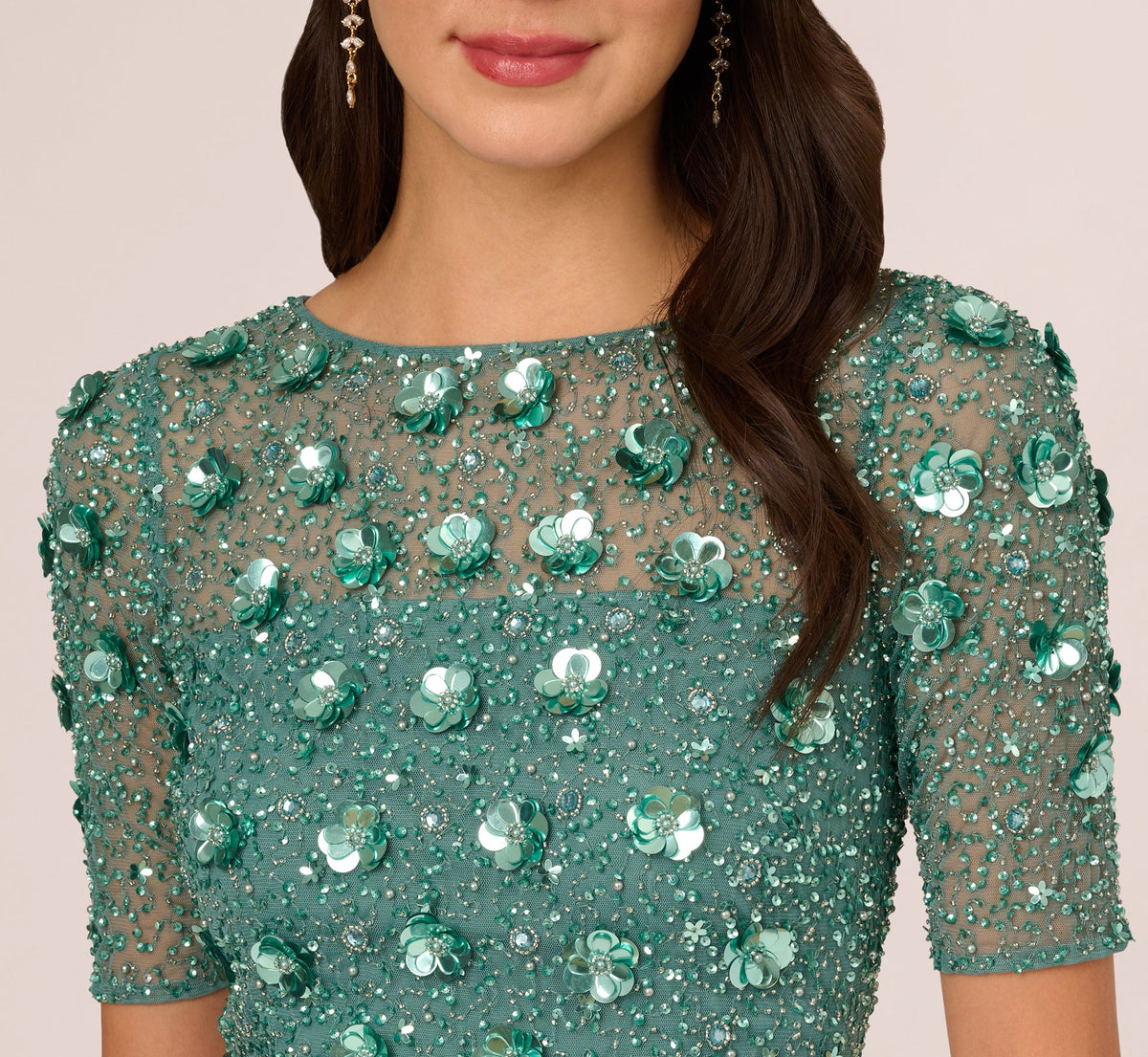 Long Hand Beaded 3D Floral Dress With Elbow Sleeves - Green Slate | Adrianna Papell