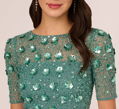 Long Hand Beaded 3D Floral Dress With Elbow Sleeves - Green Slate | Adrianna Papell