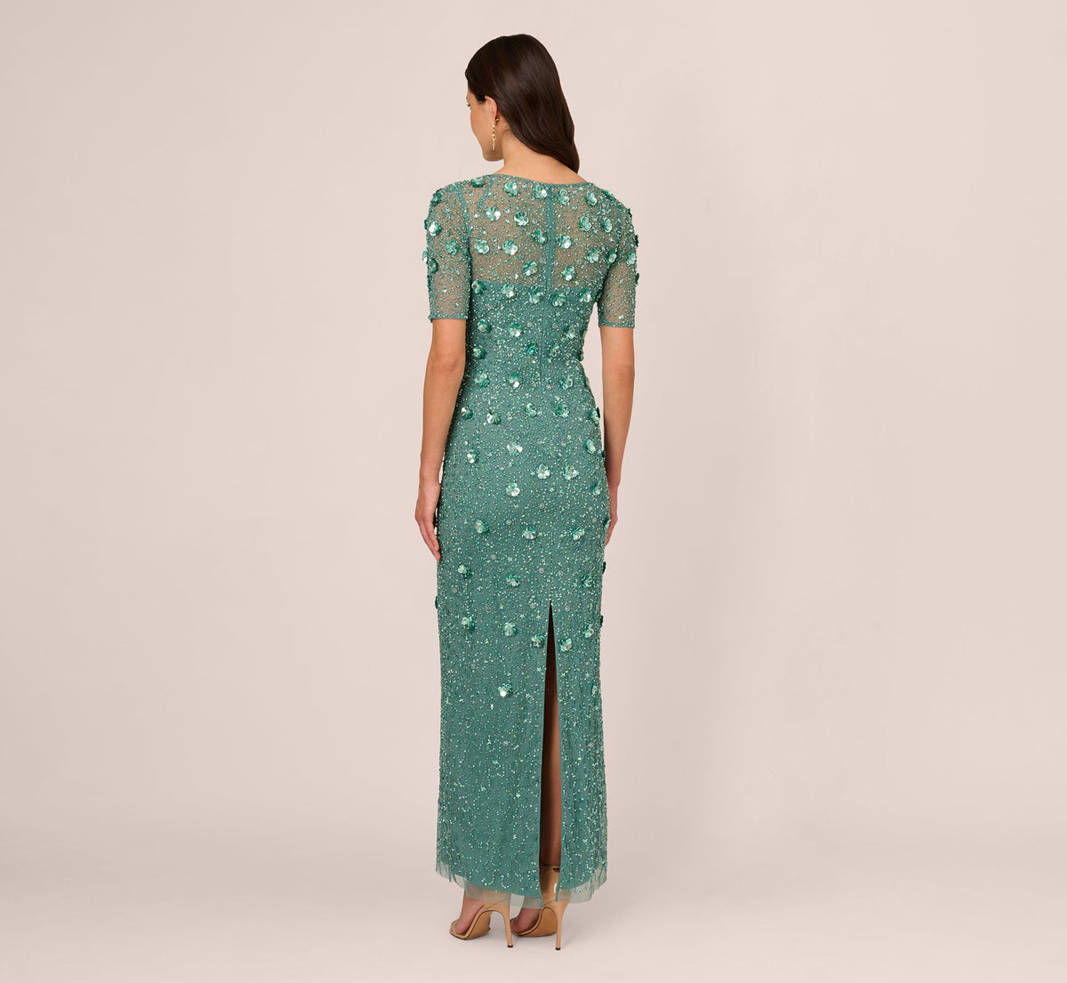 Long Hand Beaded 3D Floral Dress With Elbow Sleeves - Green Slate | Adrianna Papell