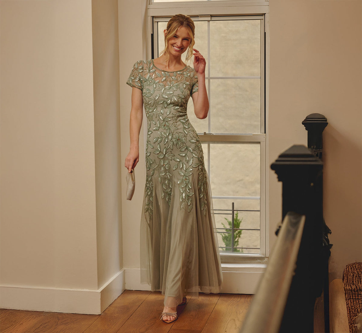 Hand Beaded Short Sleeve Floral Godet Gown - Frosted Sage | Adrianna Papell