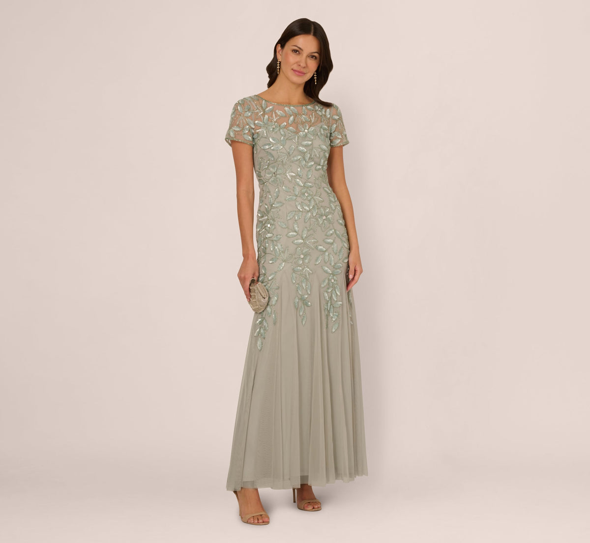 Hand Beaded Short Sleeve Floral Godet Gown - Frosted Sage | Adrianna Papell
