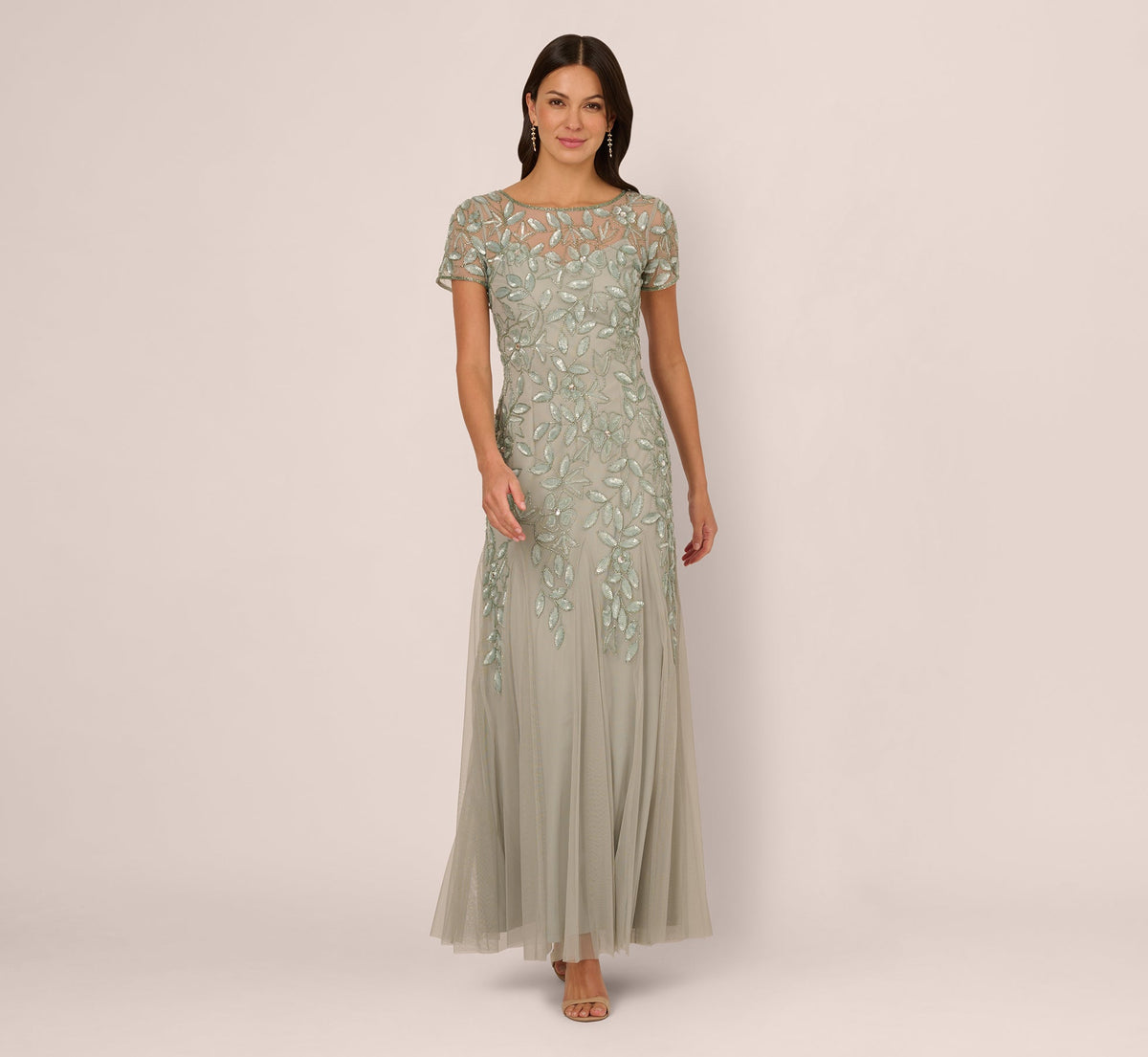 Hand Beaded Short Sleeve Floral Godet Gown - Frosted Sage | Adrianna Papell