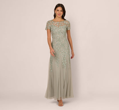 Hand Beaded Short Sleeve Floral Godet Gown - Frosted Sage | Adrianna Papell