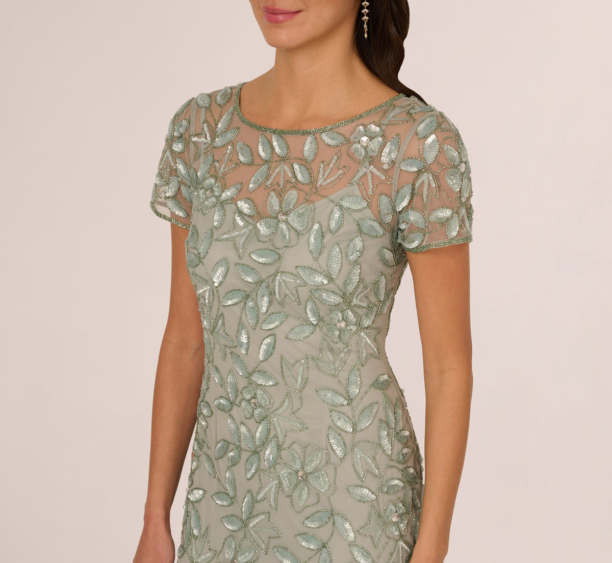 Hand Beaded Short Sleeve Floral Godet Gown - Frosted Sage | Adrianna Papell