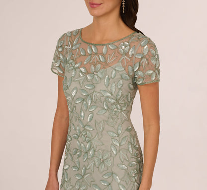 Hand Beaded Short Sleeve Floral Godet Gown - Frosted Sage | Adrianna Papell