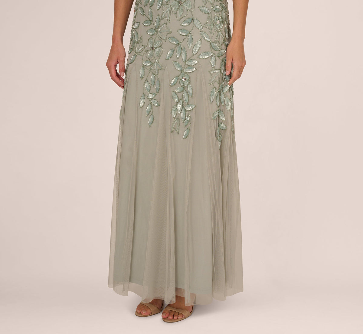 Hand Beaded Short Sleeve Floral Godet Gown - Frosted Sage | Adrianna Papell