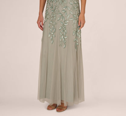 Hand Beaded Short Sleeve Floral Godet Gown - Frosted Sage | Adrianna Papell