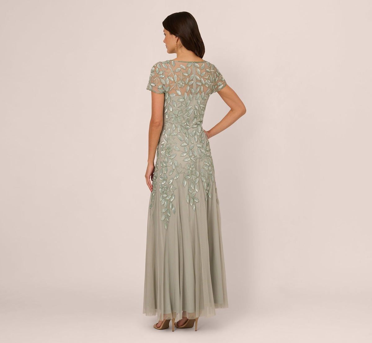 Hand Beaded Short Sleeve Floral Godet Gown - Frosted Sage | Adrianna Papell