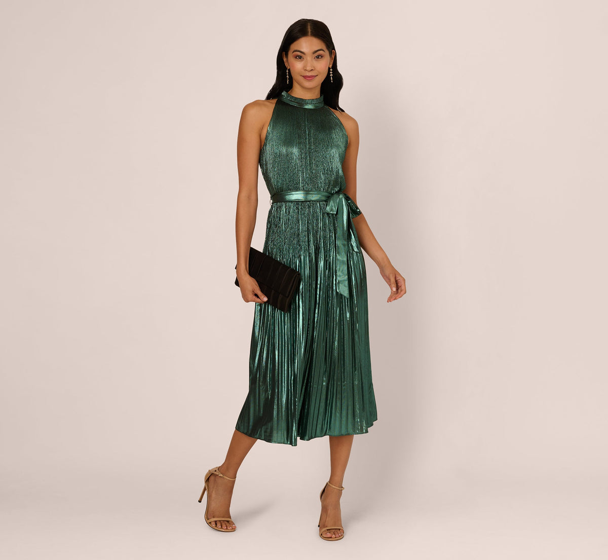 Halter Pleated Metallic Dress - Green Black | Adrianna Papell