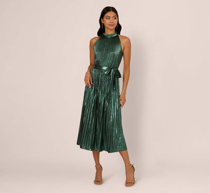 Halter Pleated Metallic Dress - Green Black | Adrianna Papell