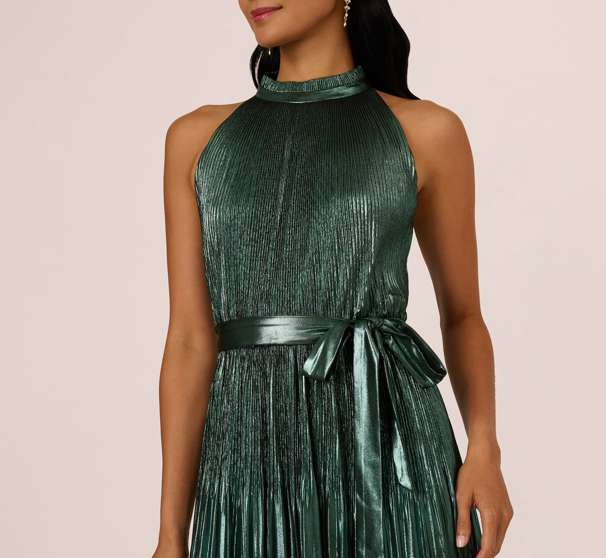 Halter Pleated Metallic Dress - Green Black | Adrianna Papell
