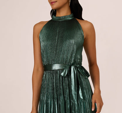 Halter Pleated Metallic Dress - Green Black | Adrianna Papell