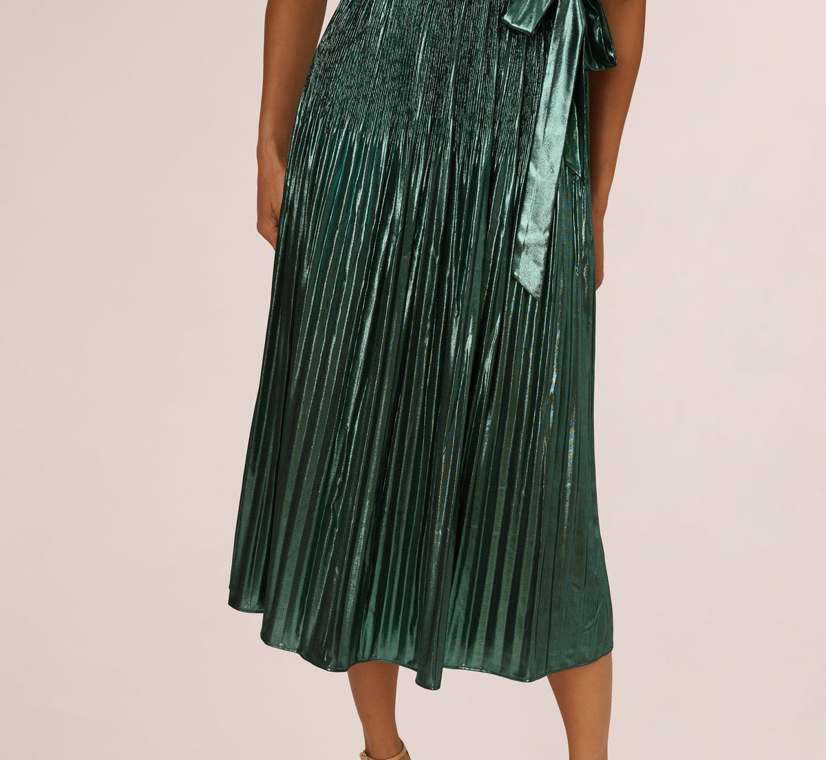 Halter Pleated Metallic Dress - Green Black | Adrianna Papell