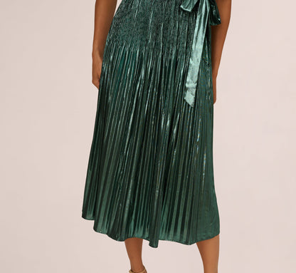 Halter Pleated Metallic Dress - Green Black | Adrianna Papell