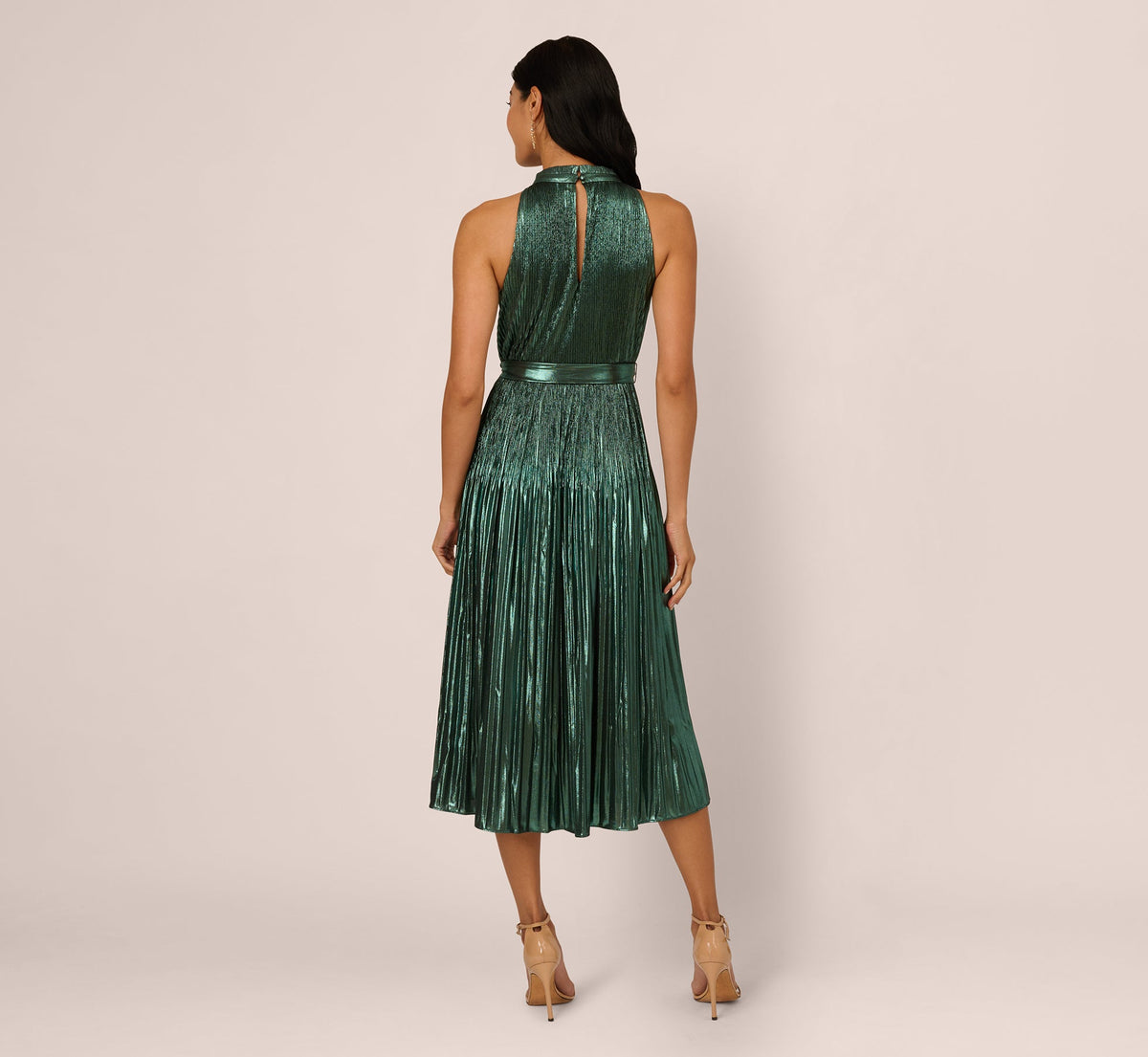 Halter Pleated Metallic Dress - Green Black | Adrianna Papell
