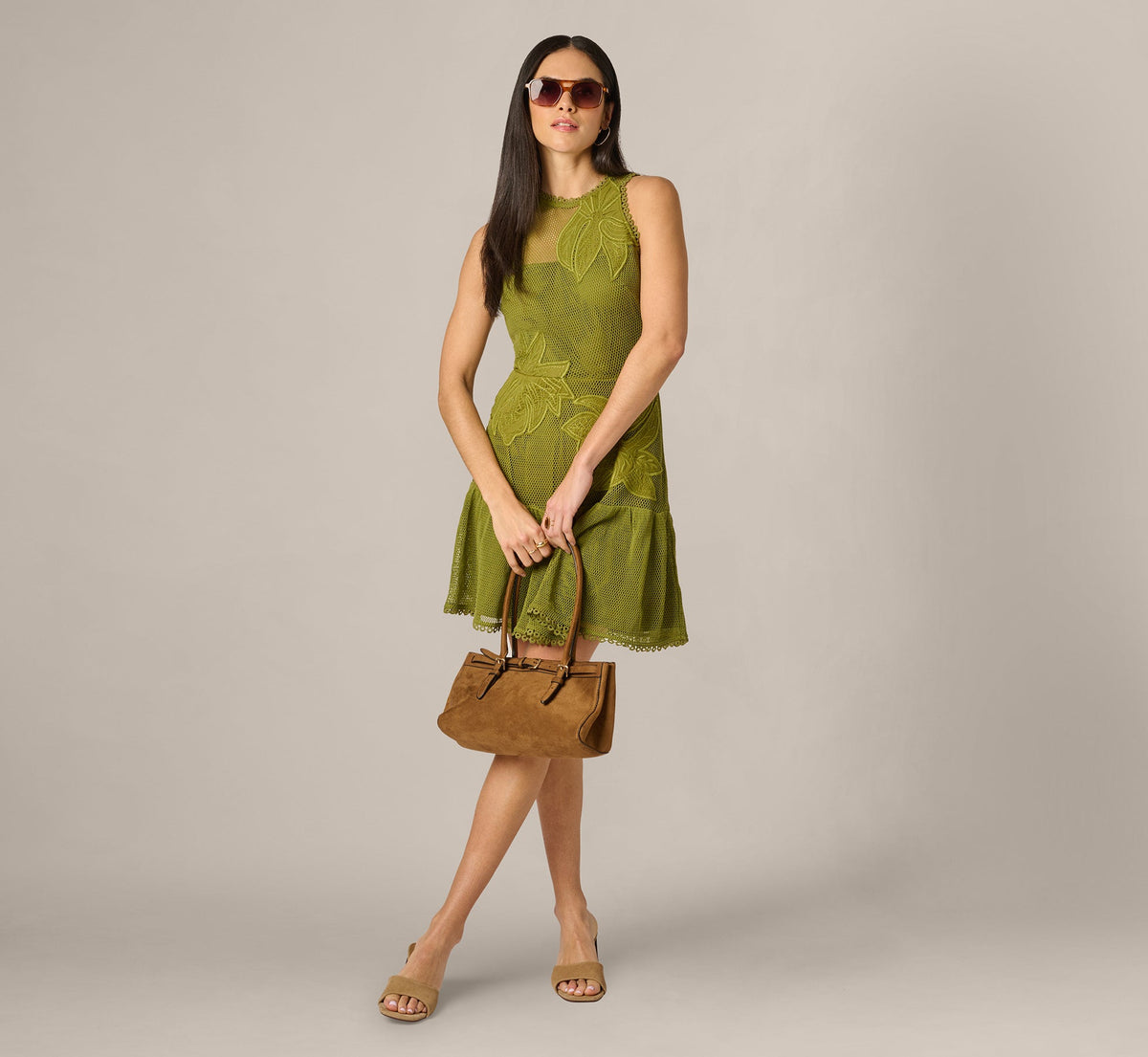 Cotton Mesh Floral Short Dress - Dark Moss | Adrianna Papell