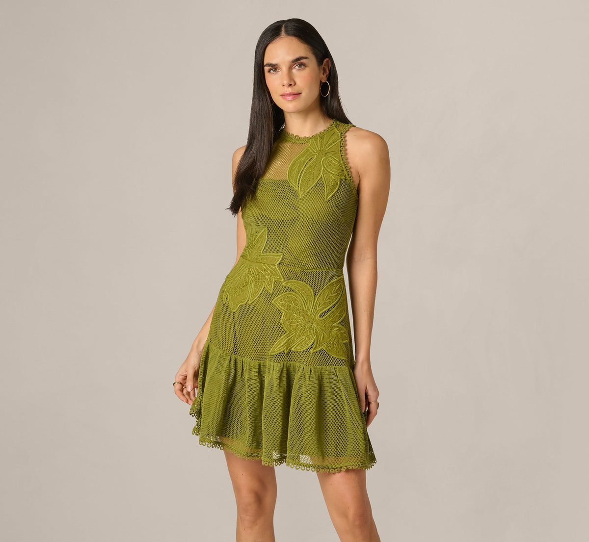 Cotton Mesh Floral Short Dress - Dark Moss | Adrianna Papell
