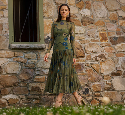 Long Sleeve Floral Stretch Mesh Drop Waist Ankle Length Dress - Olive Multi | Adrianna Papell